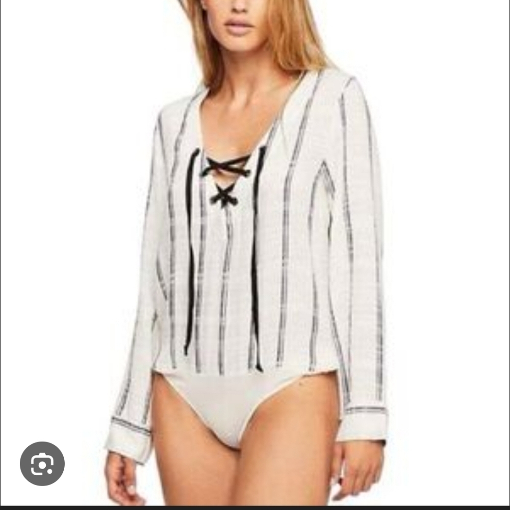 Free People Bodysuit Women's Small Lace Up V-neck Striped